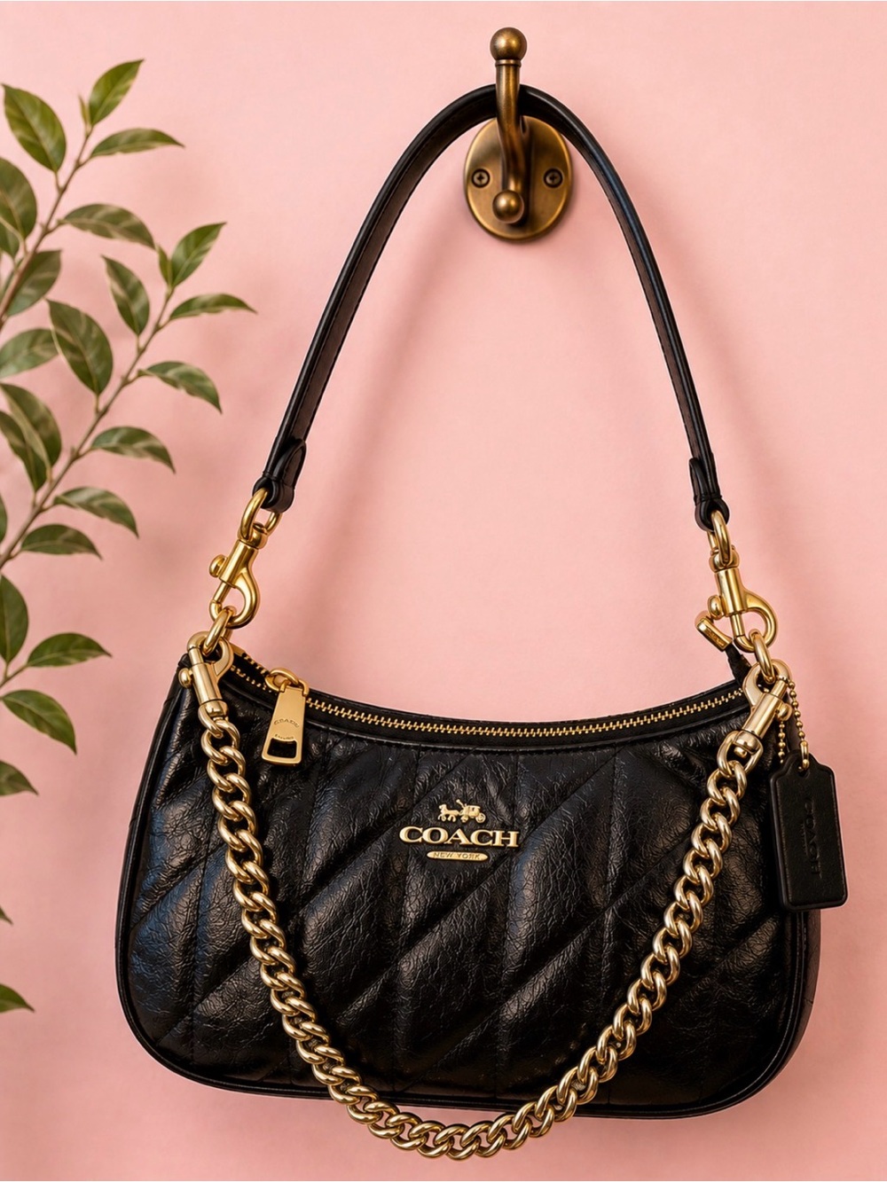 COACH Teri SOFT Quilted Black Leather Shoulder Bag with Gold Chain
